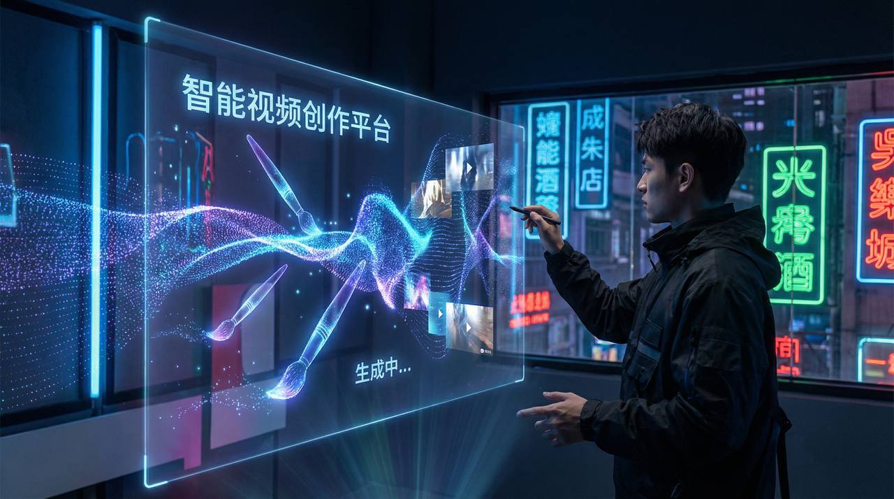 蘑菇视频AI智能剪辑视频演示：一键生成赛博朋克大片